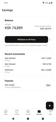 The Vazi vendor app's Earnings screen: the available balance, the amount held until buyers confirm, and a Withdraw to M-Pesa button